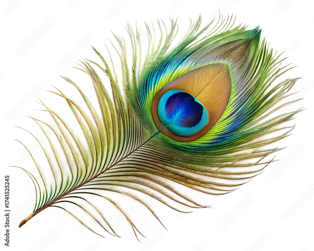Obraz premium Single peacock feather with eye pattern isolated on transparent background
