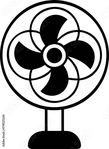 Close-up vector illustration of a modern black electric fan with curved blades on a stand, ideal for cooling and air circulation concepts