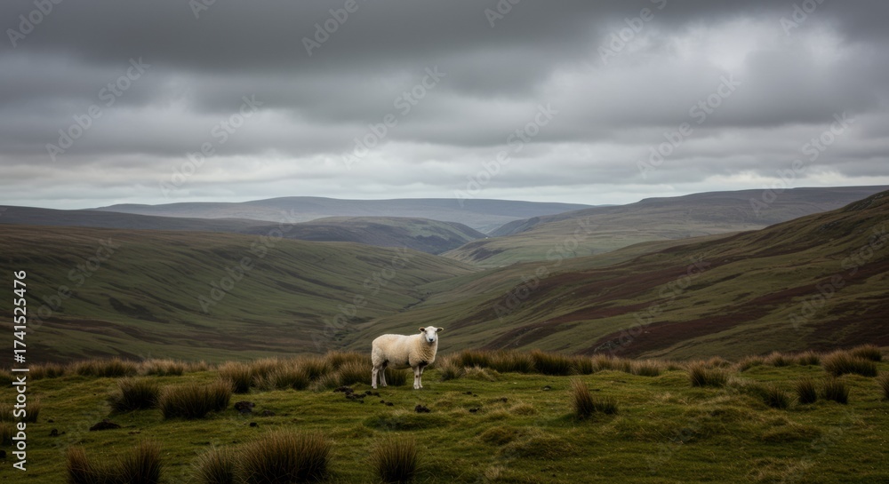 Fototapeta premium Lone Sheep Standing on a Hilltop Beneath Cloudy Sky