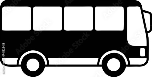 Simple black and white graphic illustration of a passenger bus, designed for school transport or travel, suitable for various transportation concepts