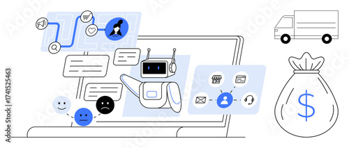 Chatbot interacting on a laptop with messages, emoticons, workflow diagrams. Delivery truck and money bag for commerce. Ideal for AI, customer service, e-commerce, automation, business technology