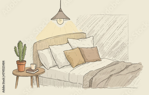 Cozy bedroom interior design with modern furniture in a stylish house sketch