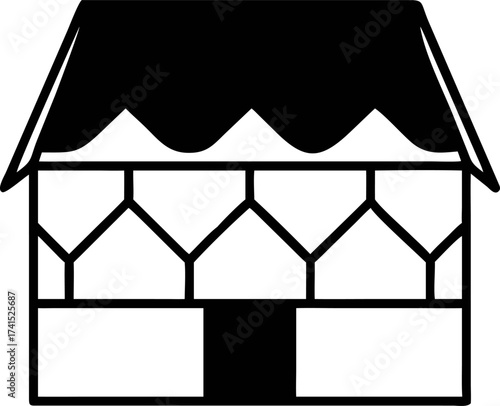 Monochrome vector graphic of a traditional building icon. Simple line art illustration of a tribal hut or house for web design