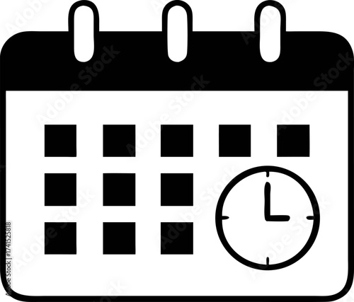Calendar icon depicting a schedule with a clock, symbolizing time management and deadlines, frequently used in appointment scheduling