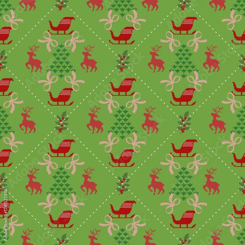 Christmas holiday elements reindeer, Christmas trees, and sleighs. Ideal for festive gift wrapping, textile design, winter wallpaper, or ugly sweater prints. Traditional knit classic styles included.