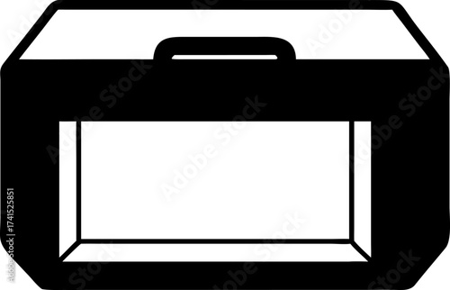 Illustration of a simple black and white outline of a briefcase or a compact storage box with a handle on top for easy carrying