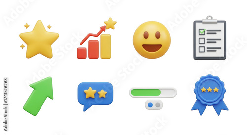 Collection of achievement and progress icons featuring star chart emoji checklist progress bar and award