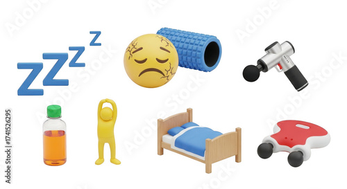 Collection of icons sleep sadness security camera syringe bed and car toy