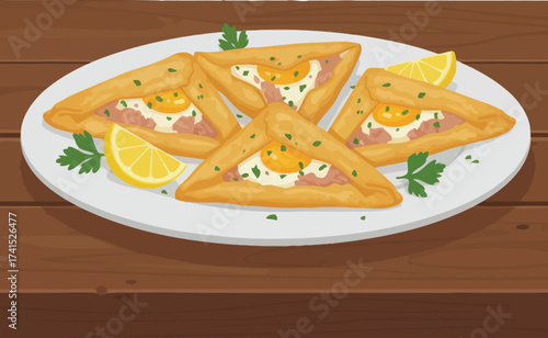 A plate of delicious homemade Tunisian Brik, a traditional savory pastry filled with egg and tuna, served with fresh parsley and lemon for a classic Iftar meal.