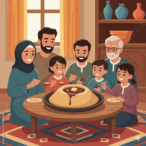 A happy Muslim family enjoying a traditional Aseeda meal together, gathered around a large communal dish of semolina pudding, celebrating unity and cultural heritage.