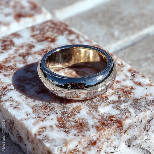 Shiny silver ring reflecting light on marble high resolution picture