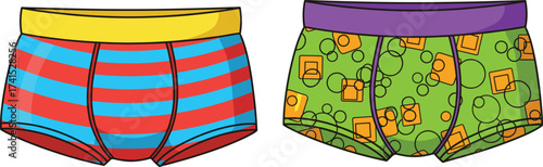 Colorful Cartoon Patterned Boxer Shorts Illustration Featuring Bright Stripes and Geometric Designs, Perfect for Fashion, Clothing, and Apparel Vector Content