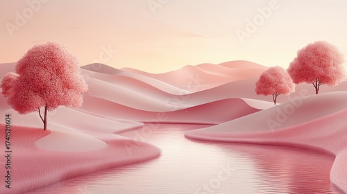 Serene Pink Landscape with Trees and Gentle River at Sunset