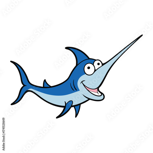 A cheerful swordfish illustration in vibrant colors