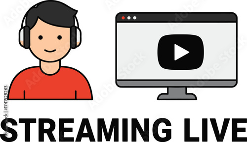  Modern Illustration of Young Man Streaming Live on YouTube with Headphones and Computer Screen, Digital Content Creation, Online Video Broadcast, Entertainment, and Social Media Concept