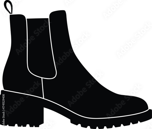 Stylish Black Leather Ankle Boot Illustration for Fashion, Footwear Design, and Shoe Accessories in Vector Art Style for Commercial Use