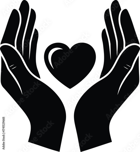 Two cupped hands gently protecting a glowing heart symbol symbolizing love care and support