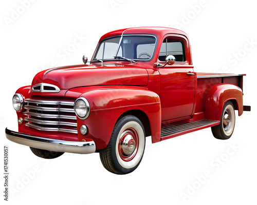 A classic red vintage pickup truck isolated on transparent background