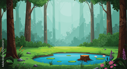 Misty forest pond with lily pads, tree stump, wildflowers, rocks, and dense woodland background in tranquil natural ecosystem scene