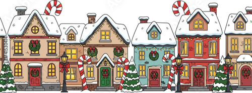 Snow bush Christmas village row of residential buildings. winter Christmas theme. Colorful Alphone cottage countryside housing architecture in the snow landscape 