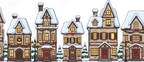 Snow bush Christmas village row of residential buildings. winter Christmas theme. Colorful Alphone cottage countryside housing architecture in the snow landscape 
