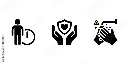Icons showing person with clock, hands holding a shield with heart, and washing hands under faucet , Cutout Background