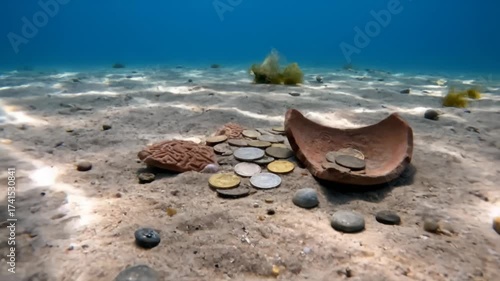 Lost underwater treasure: ancient coins scattered on the ocean floor