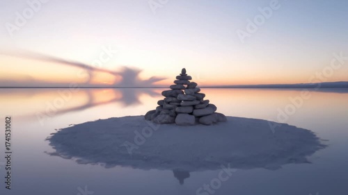 Serene stone cairn reflecting on peaceful salt flat at dawn.