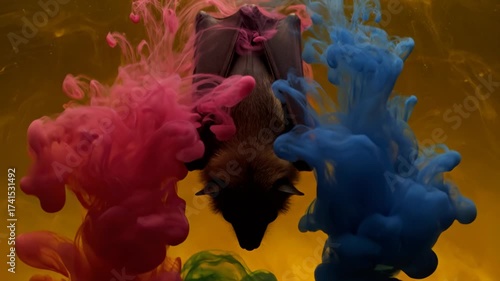 Mysterious Bat Immersed in Vibrant Liquid Colors and Swirling Ink
