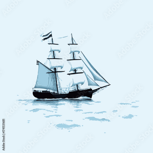 Sailing ship with blue sails on a light blue sea tall ship