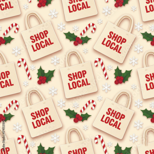 Seamless Christmas pattern with Shop Local tote bags, candy canes, holly leaves, and snowflakes. Promotes small business spirit in festive pastel tones, for seasonal campaigns. Vector illustration