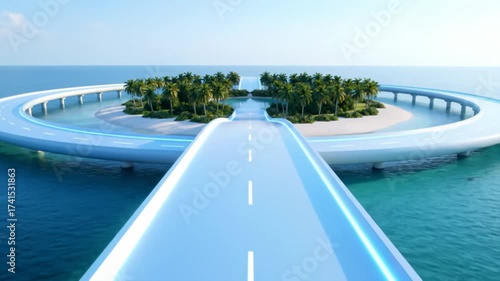 Futuristic highway connects tropical island in serene blue ocean