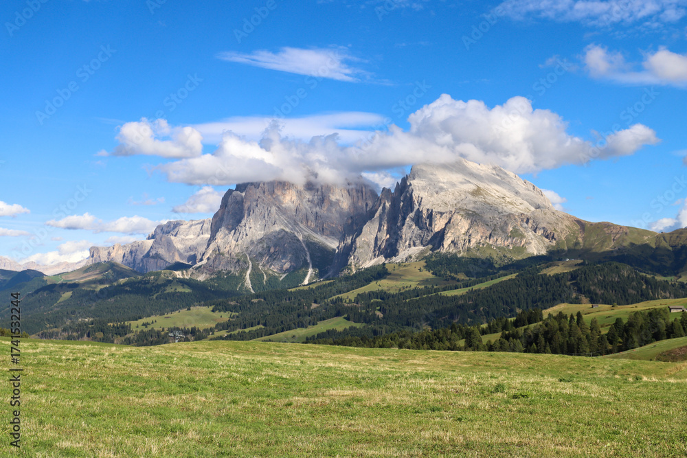 Fototapeta premium Crisp skies, green pastures, and Sassolungo’s rocky crown define this September alpine view