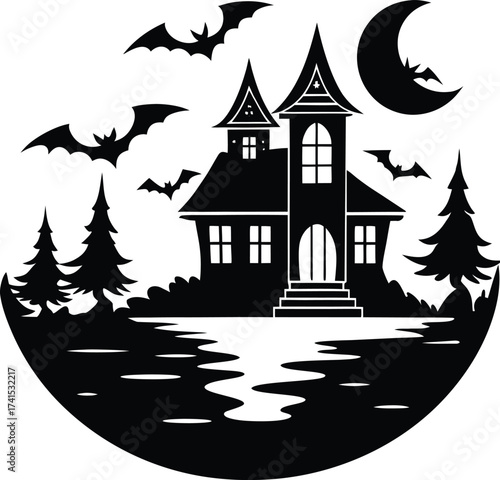 Spooky haunted house on a hill, a dark autumn night with a scary moon and bat silhouette vector illustration