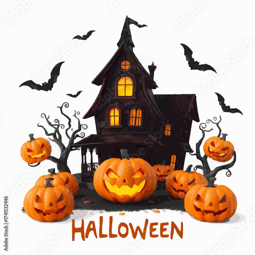 Spooky Halloween haunted house with jack o lanterns and bats