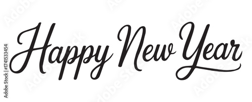 Happy New Year in flowing black script on white greeting