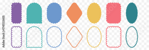 Retro scallop frames collection. Colorful decorative scalloped border set. Wavy edge label sticker frame template. Playful cute geometric shapes