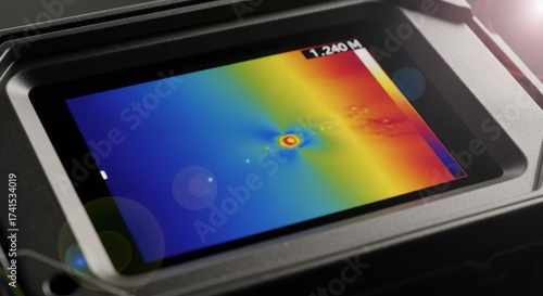 Advanced thermal imaging device displays vibrant heat signatures and scientific data for precise analysis and detection in real time