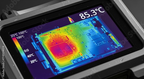Advanced thermal imaging device reveals critical heat signatures on electronic circuit board with precise temperature readings displayed on screen