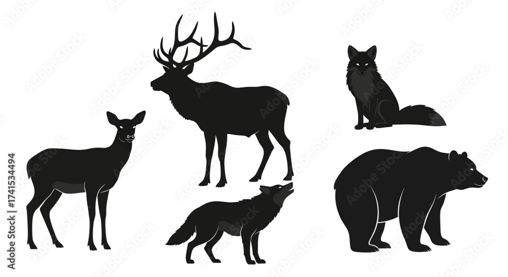 Fototapeta premium Forest Wildlife Silhouettes - Deer, Fox, Wolf, and Bear