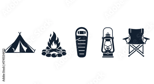 Camping Gear Icons Tent, Fire, Sleeping Bag, Lantern, Chair
