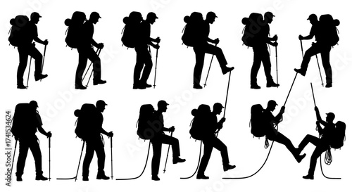 Adventurous hiker and rock climber silhouette collection