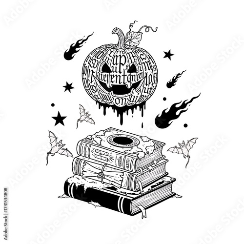 Pumpkin Spell Book with Magic Flames – Fantasy Halloween Illustration in Monochrome Style