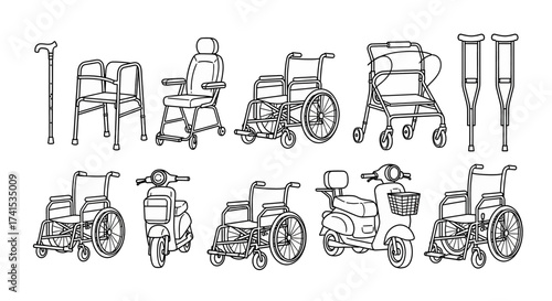 Disability Assistance Devices and Mobility Aids Line Art Set
