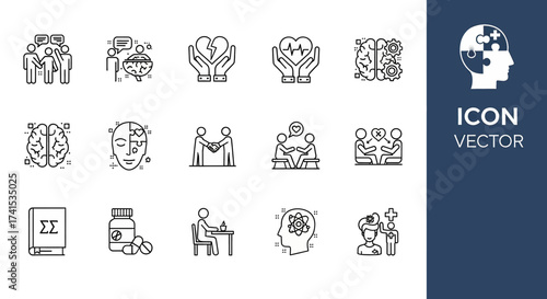 Mental Health and Brain Function Thin Line Icon Set