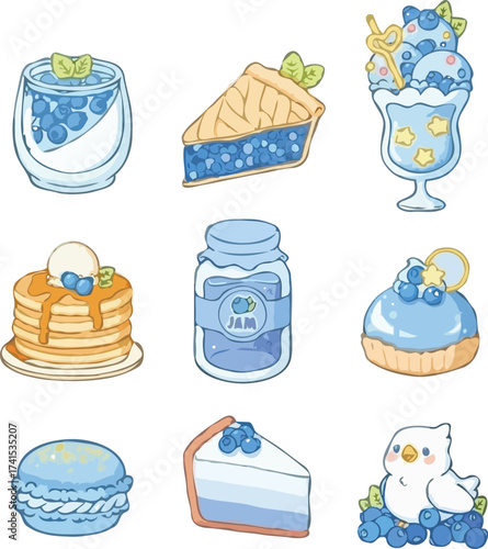 illustrations of various blueberry desserts (stickers)