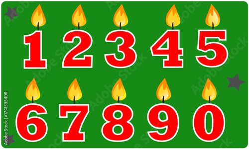 Koleksi lilin ulang tahun bernomor, dalam nyala api merah terang 1 hingga 9 dan 0.
