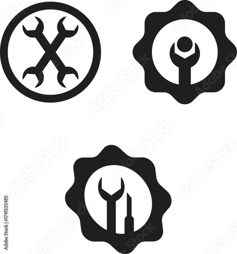 Automotive repair icons set spanner gear wrench tools emblem for auto service business isolated on white background