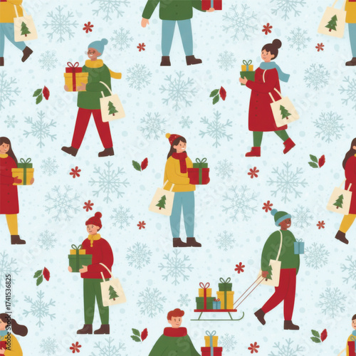  seamless pattern of people in winter clothes carrying gifts and shopping bags with snowflakes and festive details. Cozy holiday shopping atmosphere, cheerful seasonal vibes . Vector illustration