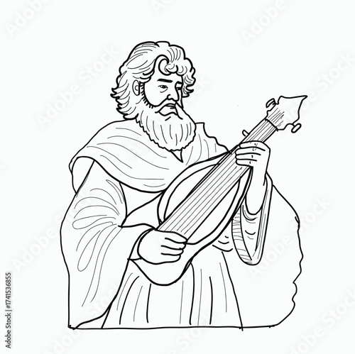 Medieval Minstrel Performing Traditional Music with Lute in Historical Black and White Line Art Illustration